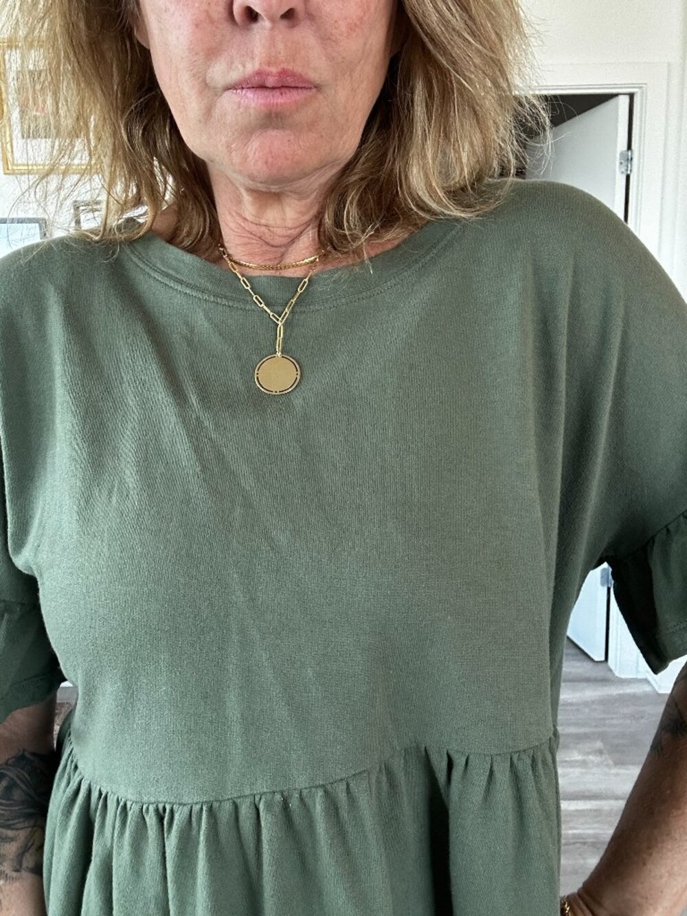 Jillian Harris Olive Green Flutter Sleeve Babydoll Dress | Size Small - Picture 3 of 3
